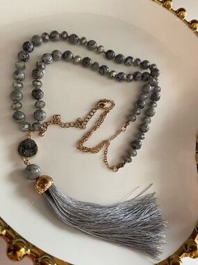 Gray Stone & Druzy Beaded Tassel Necklace